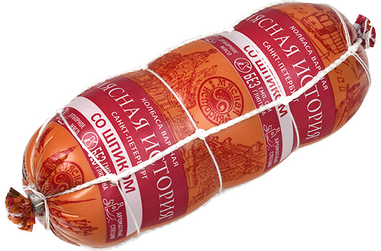 Колбаса Мясная История Санкт-Петербург со шпиком, вареная в сетке