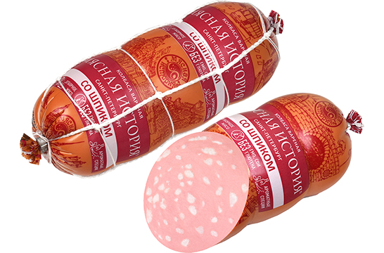 Колбаса Мясная История Санкт-Петербург со шпиком, вареная в сетке